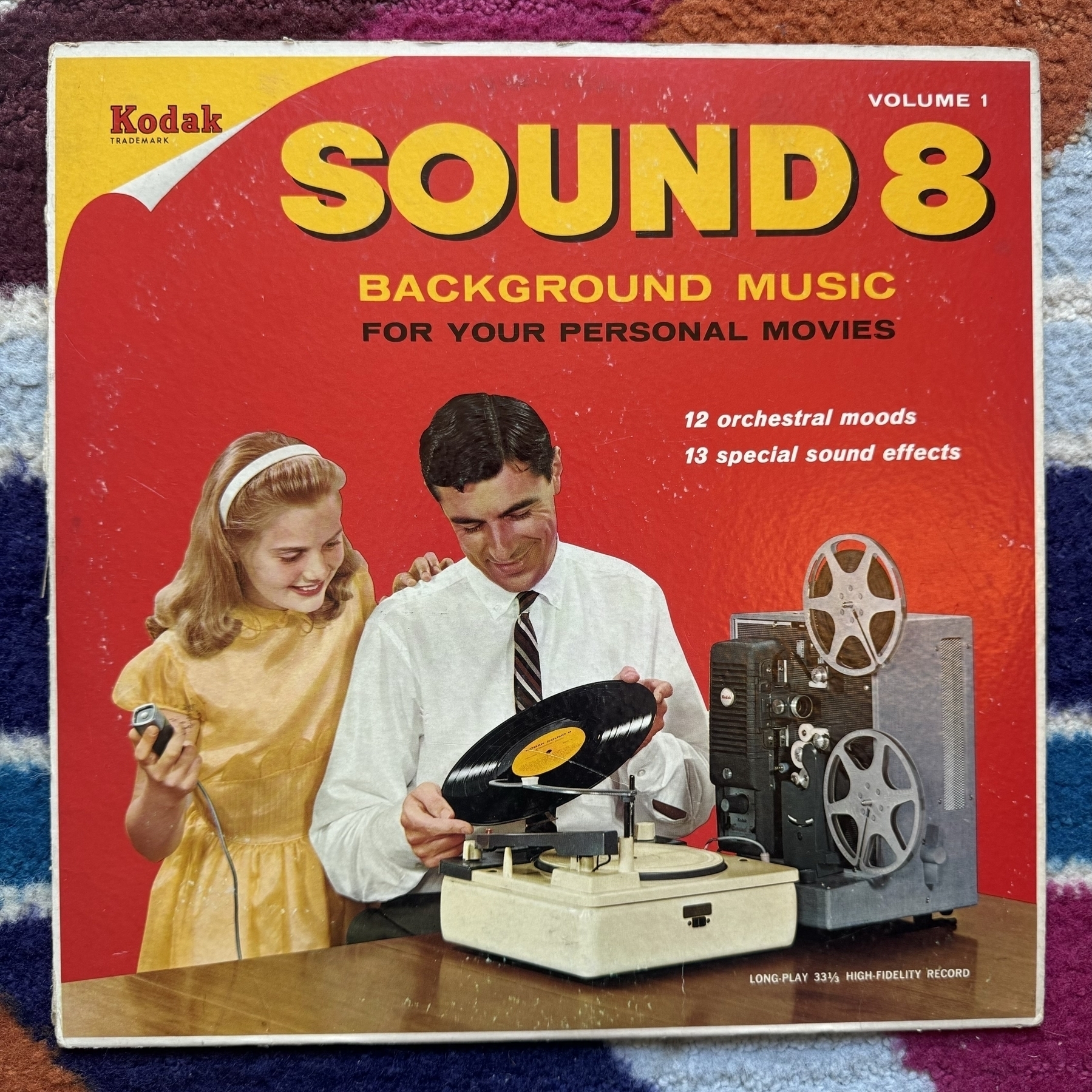 A vintage LP from Kodak called Sound: Background Music for your personal movies. It includes 12 orchestral moods and 13 sound effects.